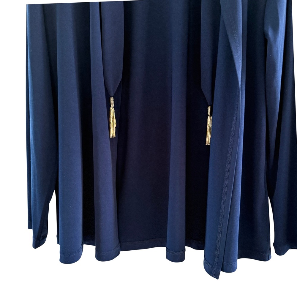 Susan Graver Womens Medium Cardigan Navy Blue Open Front Tassel Knit Boho Chic - Picture 5 of 10